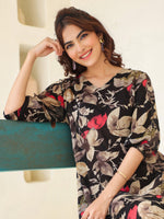 Thumbnail for Janasya Dark Rayon Floral A-Line Dress