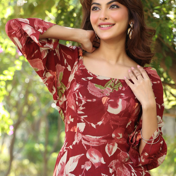 Janasya Dark Rayon Floral A-Line Dress