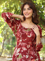 Thumbnail for Janasya Dark Rayon Floral A-Line Dress