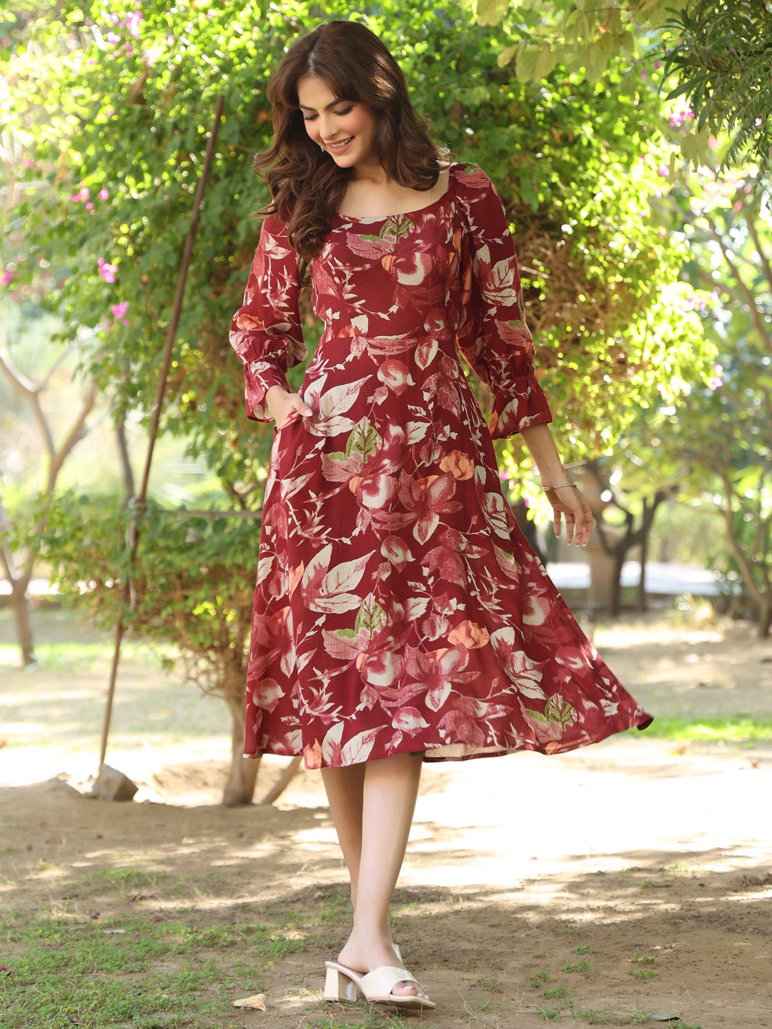 Janasya Dark Rayon Floral A-Line Dress