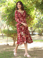 Thumbnail for Janasya Dark Rayon Floral A-Line Dress
