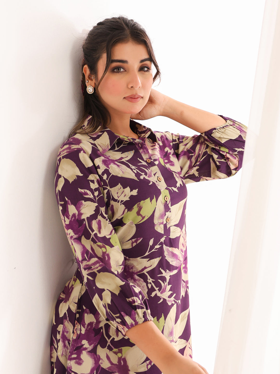 Janasya Dark Cotton Floral A-Line Dress