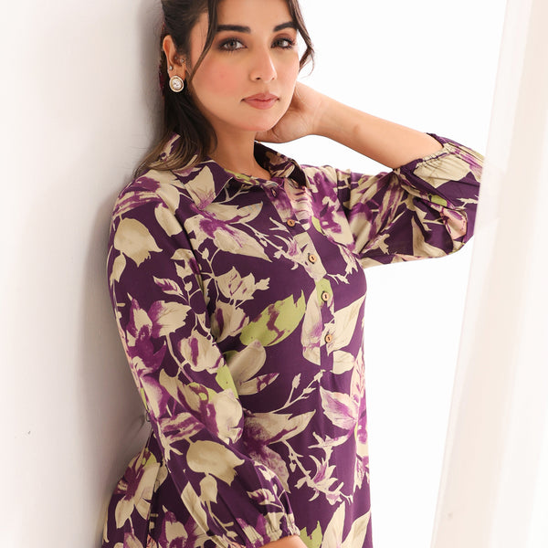 Janasya Dark Cotton Floral A-Line Dress