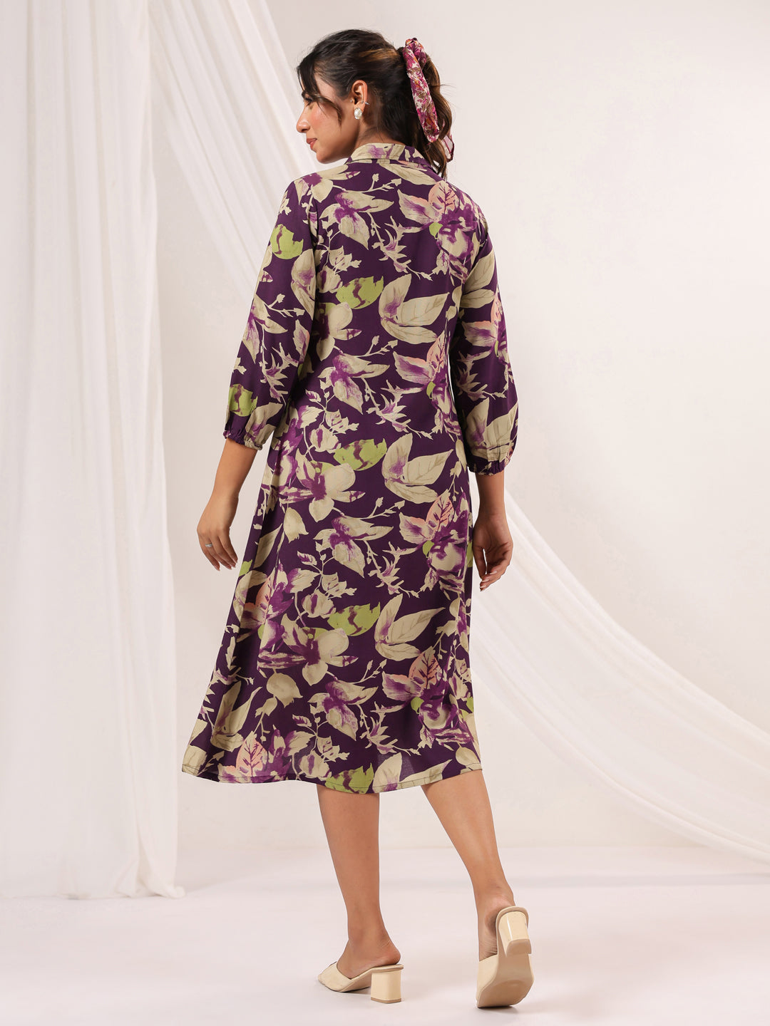 Janasya Dark Cotton Floral A-Line Dress
