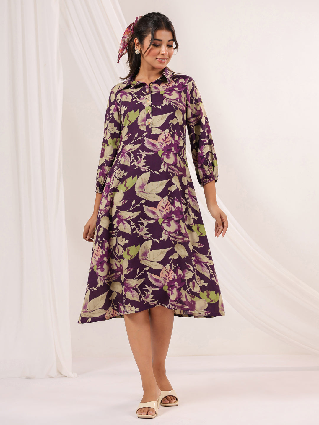 Janasya Dark Cotton Floral A-Line Dress