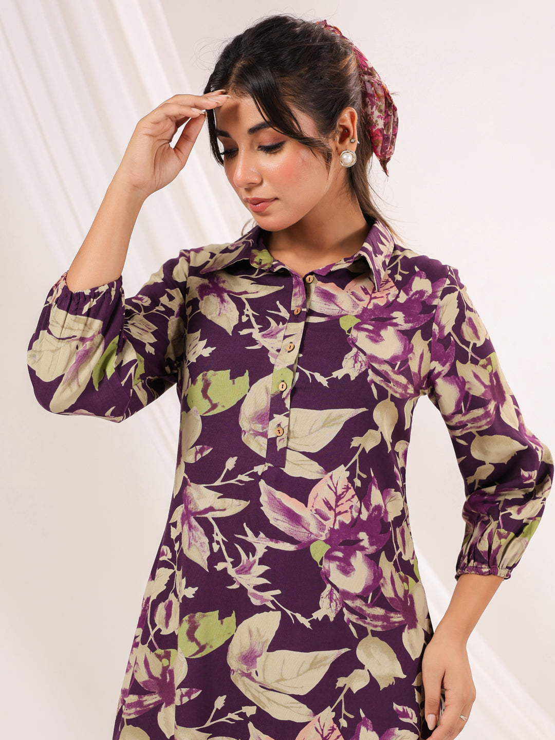 Janasya Dark Cotton Floral A-Line Dress
