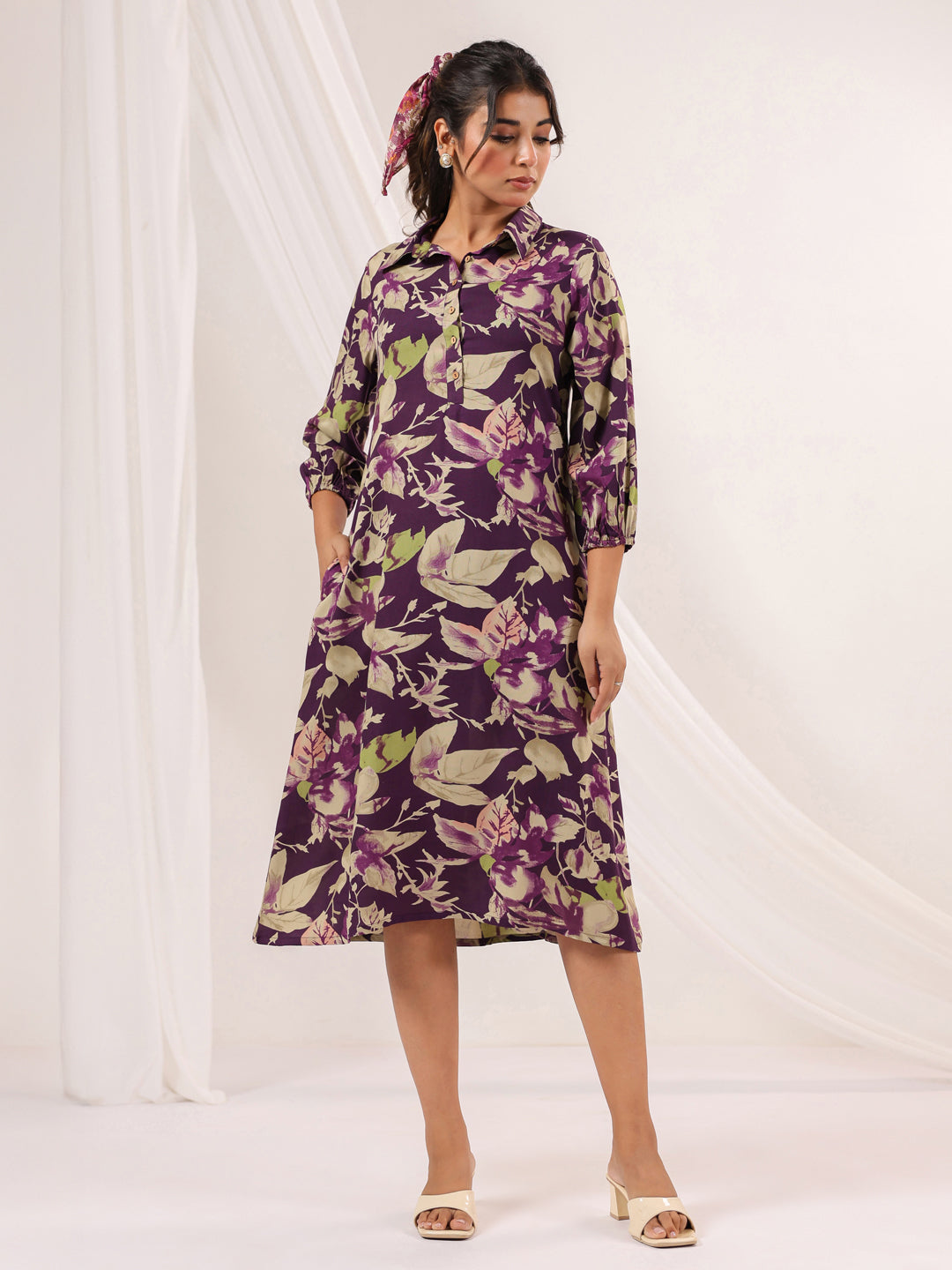 Janasya Dark Cotton Floral A-Line Dress