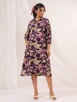 Thumbnail for Janasya Dark Cotton Floral A-Line Dress