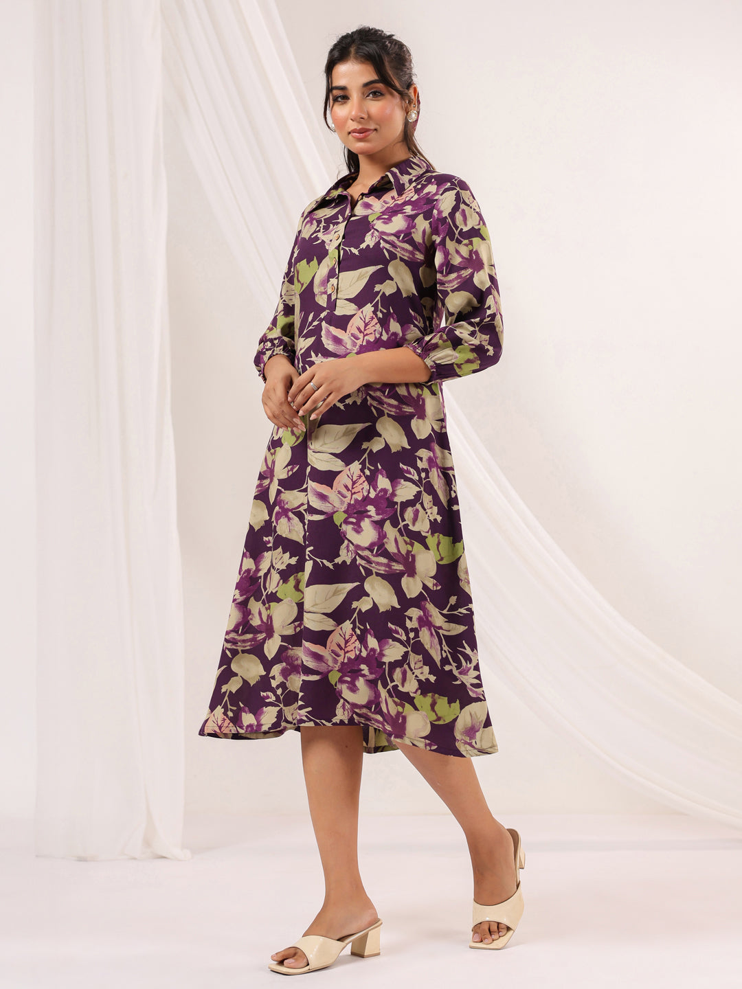 Janasya Dark Cotton Floral A-Line Dress