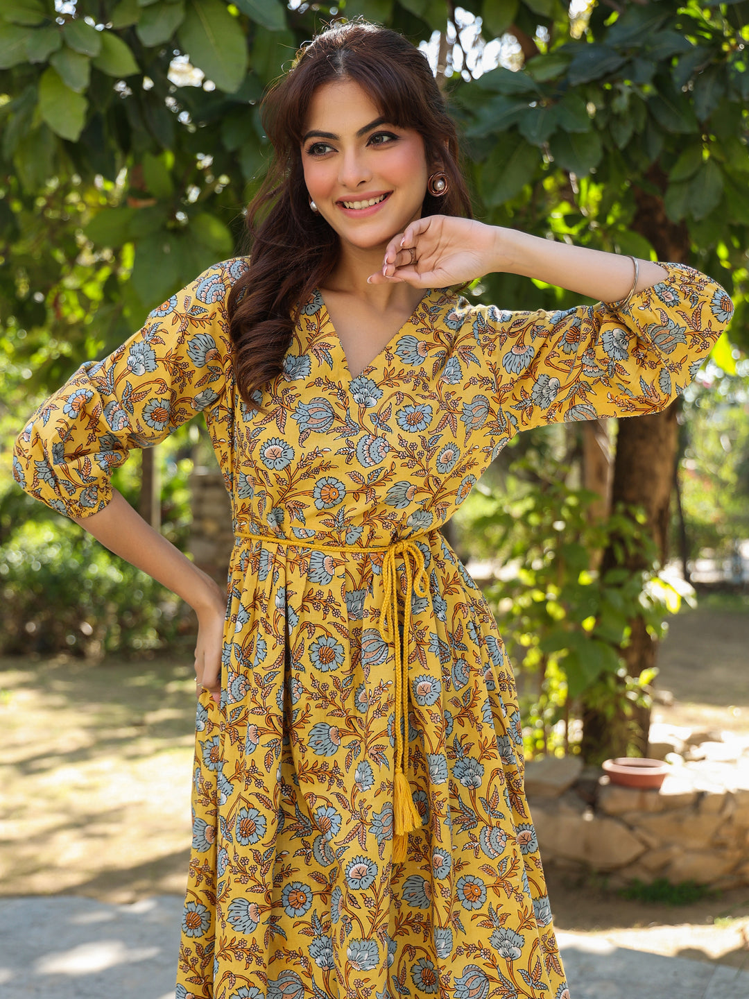 Janasya Bright Cotton Floral A-Line Dress