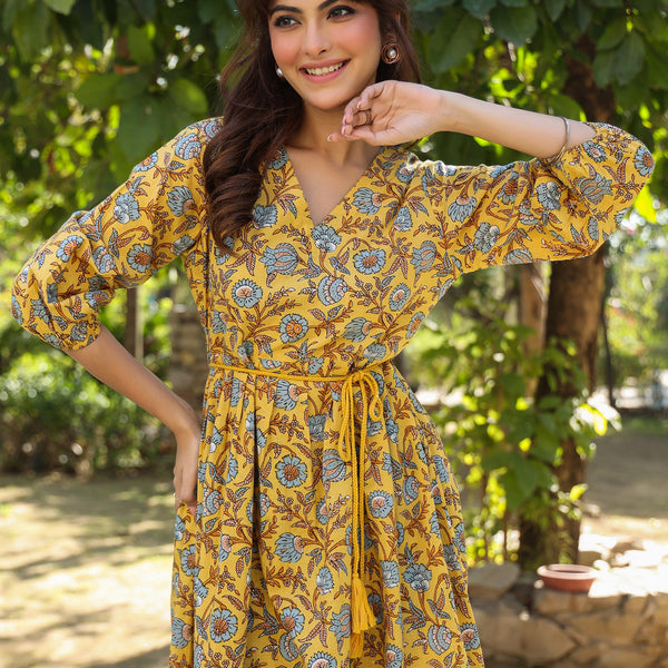 Janasya Bright Cotton Floral A-Line Dress