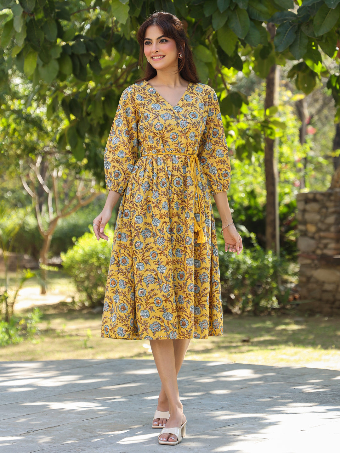 Janasya Bright Cotton Floral A-Line Dress