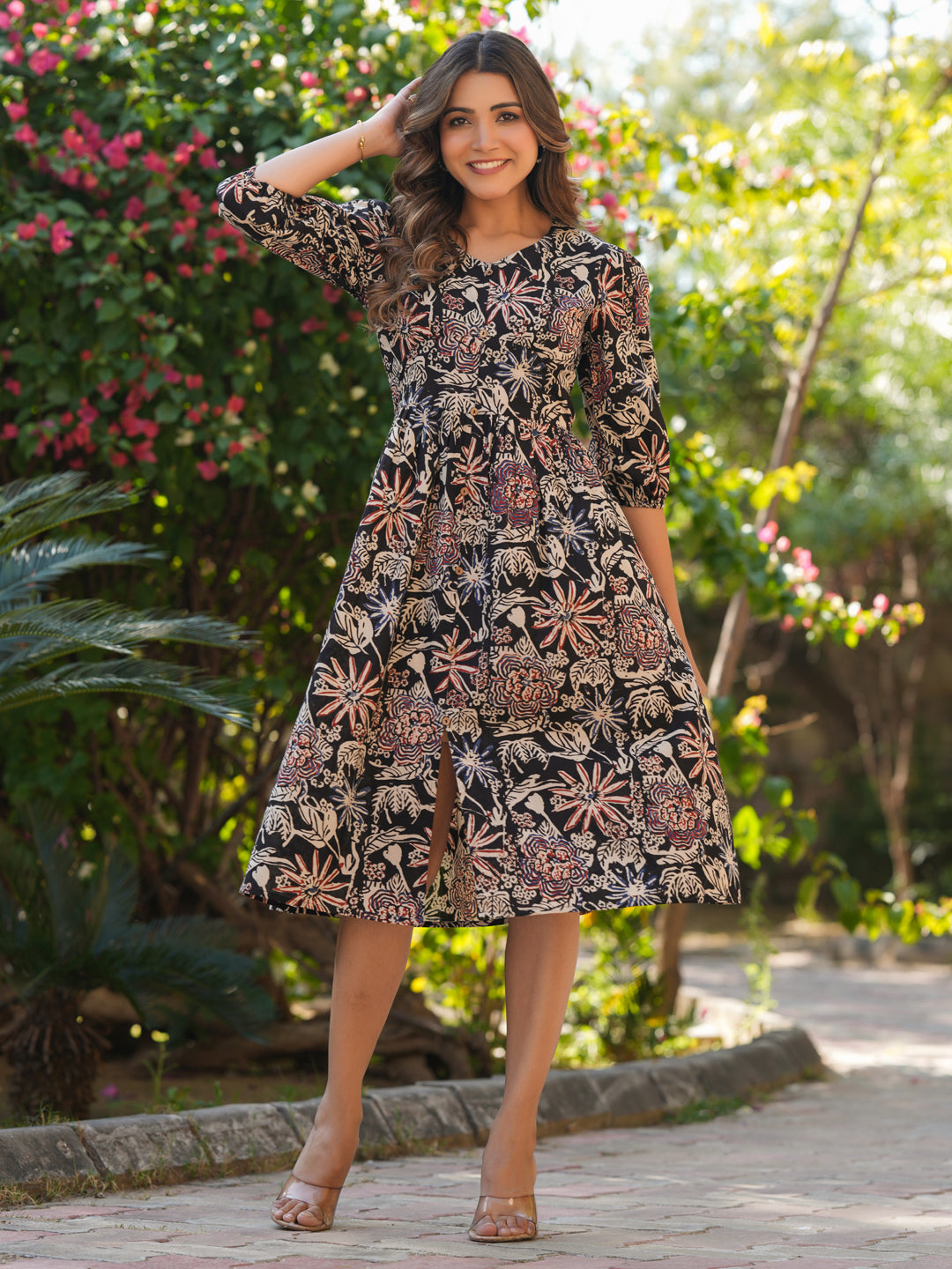Janasya Dark Cotton Floral A-Line Dress