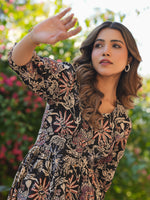 Thumbnail for Janasya Dark Cotton Floral A-Line Dress