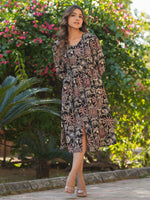 Thumbnail for Janasya Dark Cotton Floral A-Line Dress