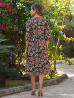 Thumbnail for Janasya Dark Cotton Floral A-Line Dress