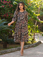 Thumbnail for Janasya Dark Cotton Floral A-Line Dress