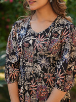 Thumbnail for Janasya Dark Cotton Floral A-Line Dress