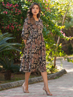 Thumbnail for Janasya Dark Cotton Floral A-Line Dress