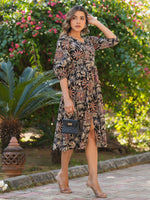 Thumbnail for Janasya Dark Cotton Floral A-Line Dress