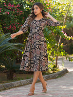Thumbnail for Janasya Dark Cotton Floral A-Line Dress