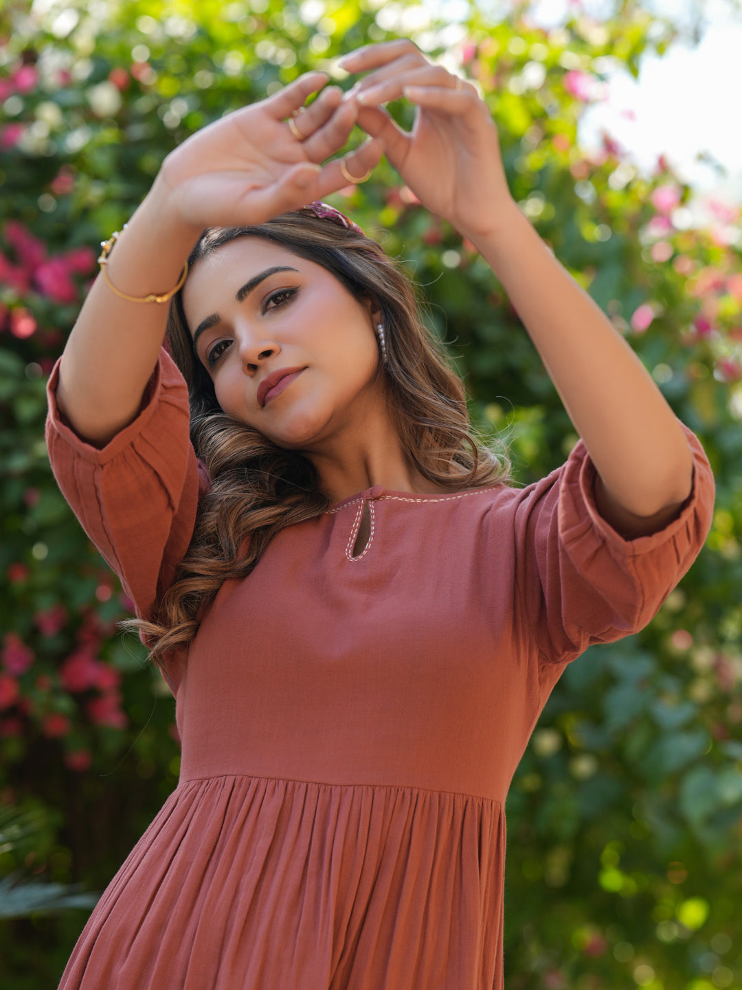 Janasya Dark Cotton Solid Gathered Dress