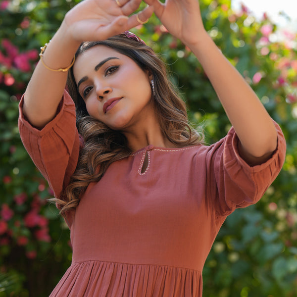 Janasya Dark Cotton Solid Gathered Dress