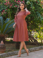 Thumbnail for Janasya Dark Cotton Solid Gathered Dress