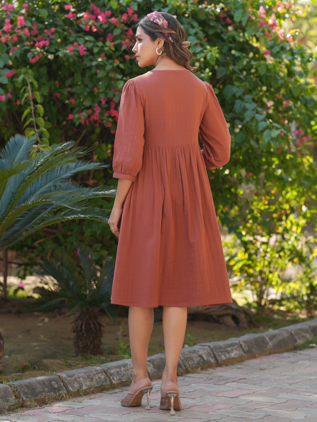 Janasya Dark Cotton Solid Gathered Dress