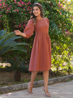 Thumbnail for Janasya Dark Cotton Solid Gathered Dress