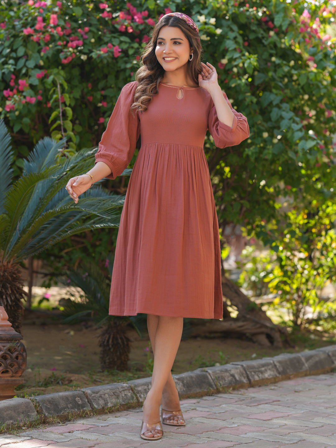 Janasya Dark Cotton Solid Gathered Dress