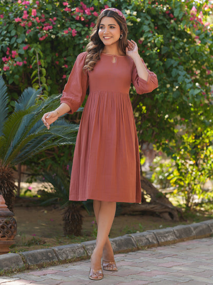Janasya Dark Cotton Solid Gathered Dress - Distacart