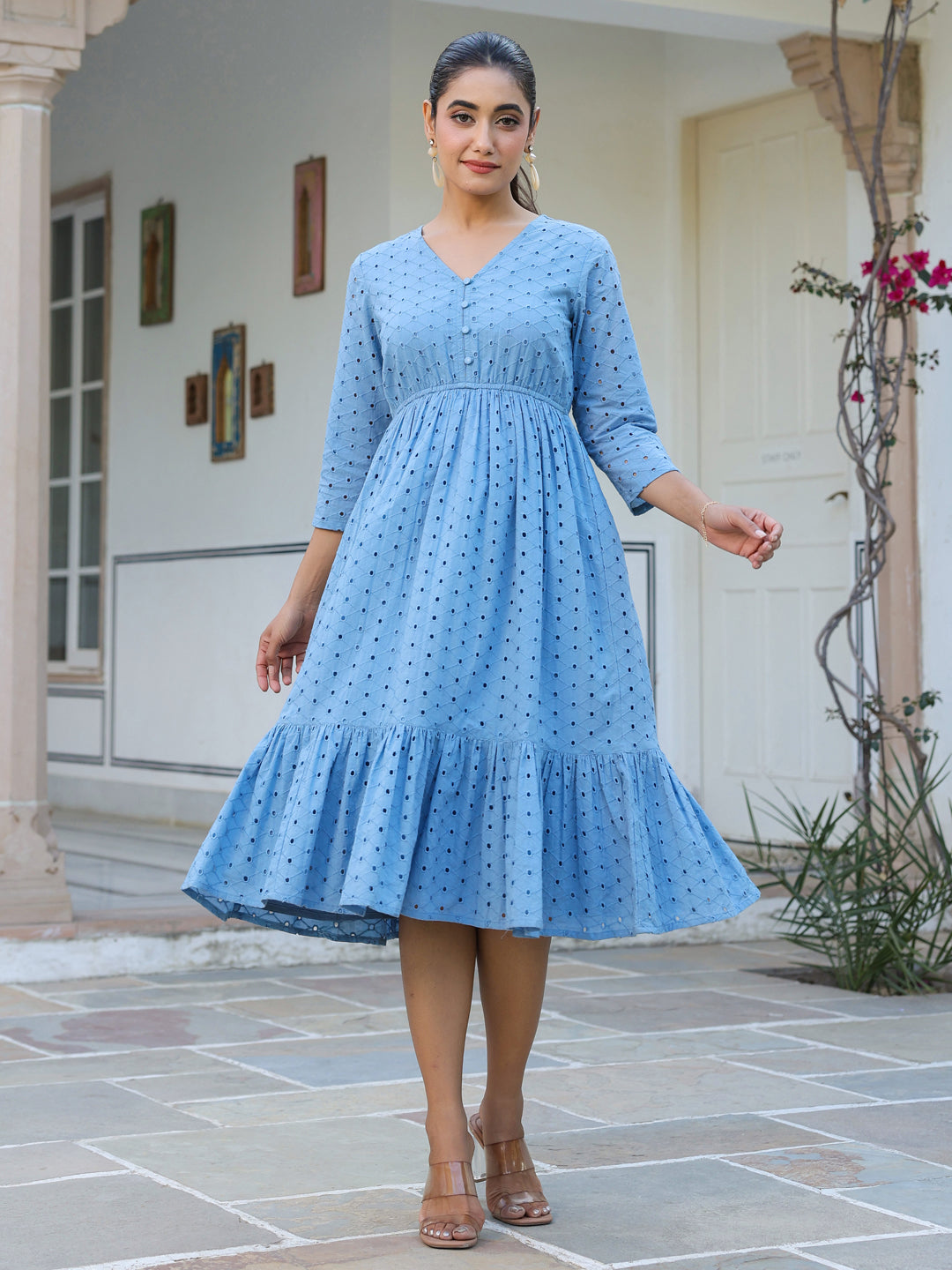 Janasya Light Cotton Schiffli Fit & Flare Dress