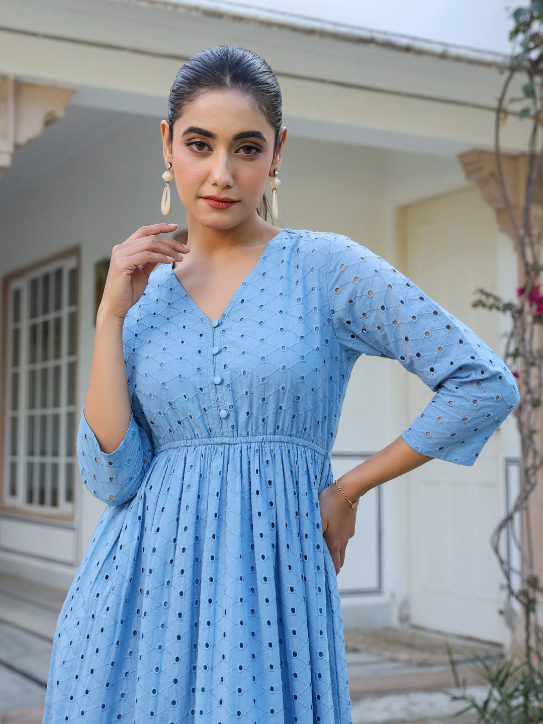 Janasya Light Cotton Schiffli Fit & Flare Dress