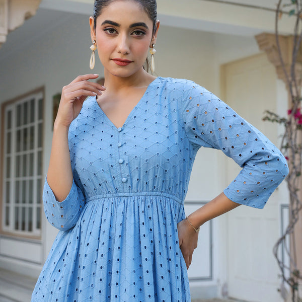 Janasya Light Cotton Schiffli Fit & Flare Dress - Distacart