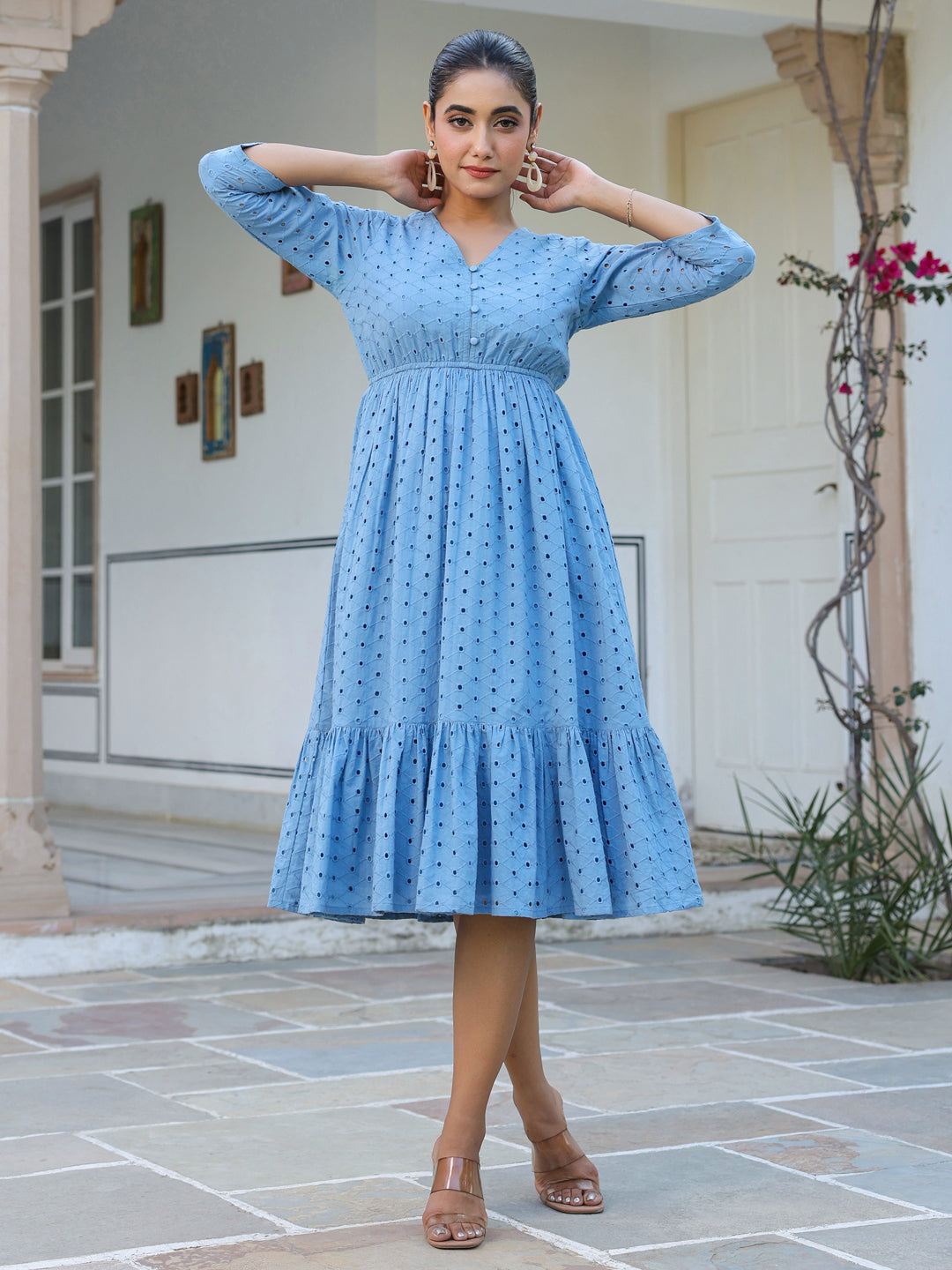 Janasya Light Cotton Schiffli Fit & Flare Dress