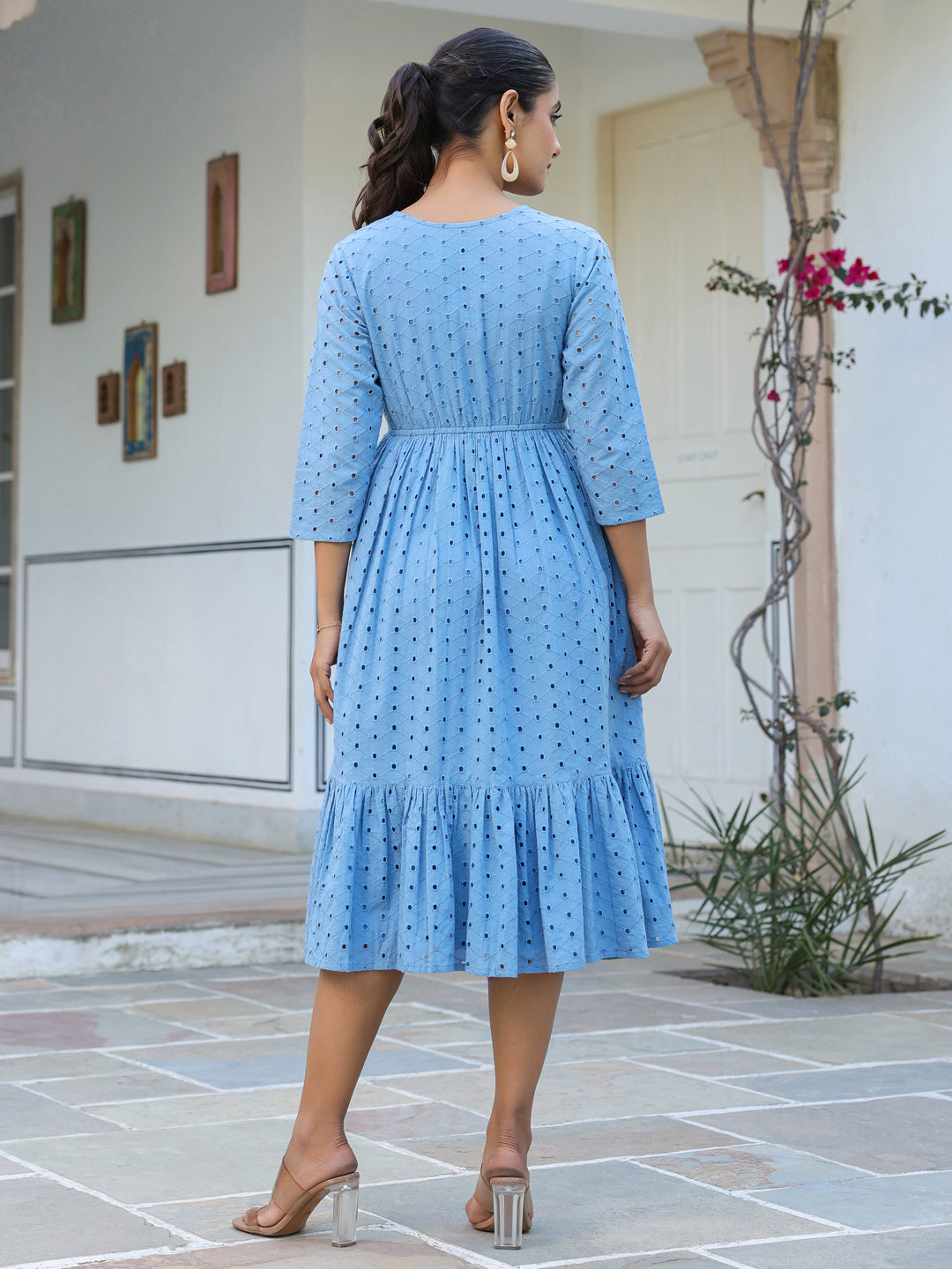 Janasya Light Cotton Schiffli Fit & Flare Dress
