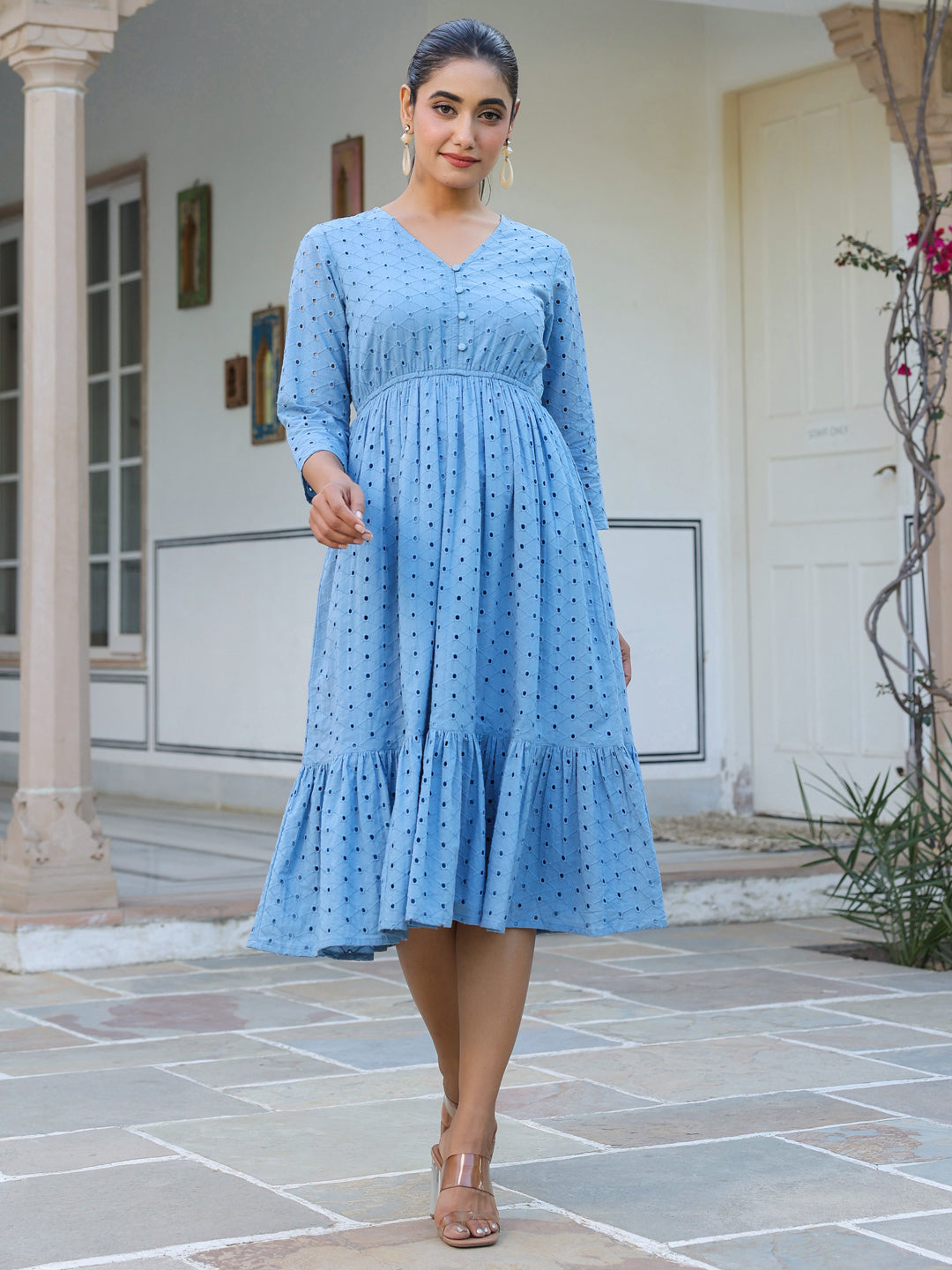 Janasya Light Cotton Schiffli Fit & Flare Dress - Distacart