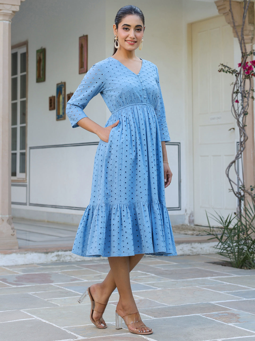Janasya Light Cotton Schiffli Fit & Flare Dress