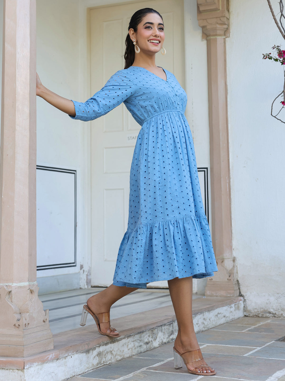 Janasya Light Cotton Schiffli Fit & Flare Dress