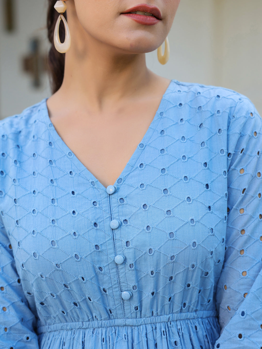 Janasya Light Cotton Schiffli Fit & Flare Dress