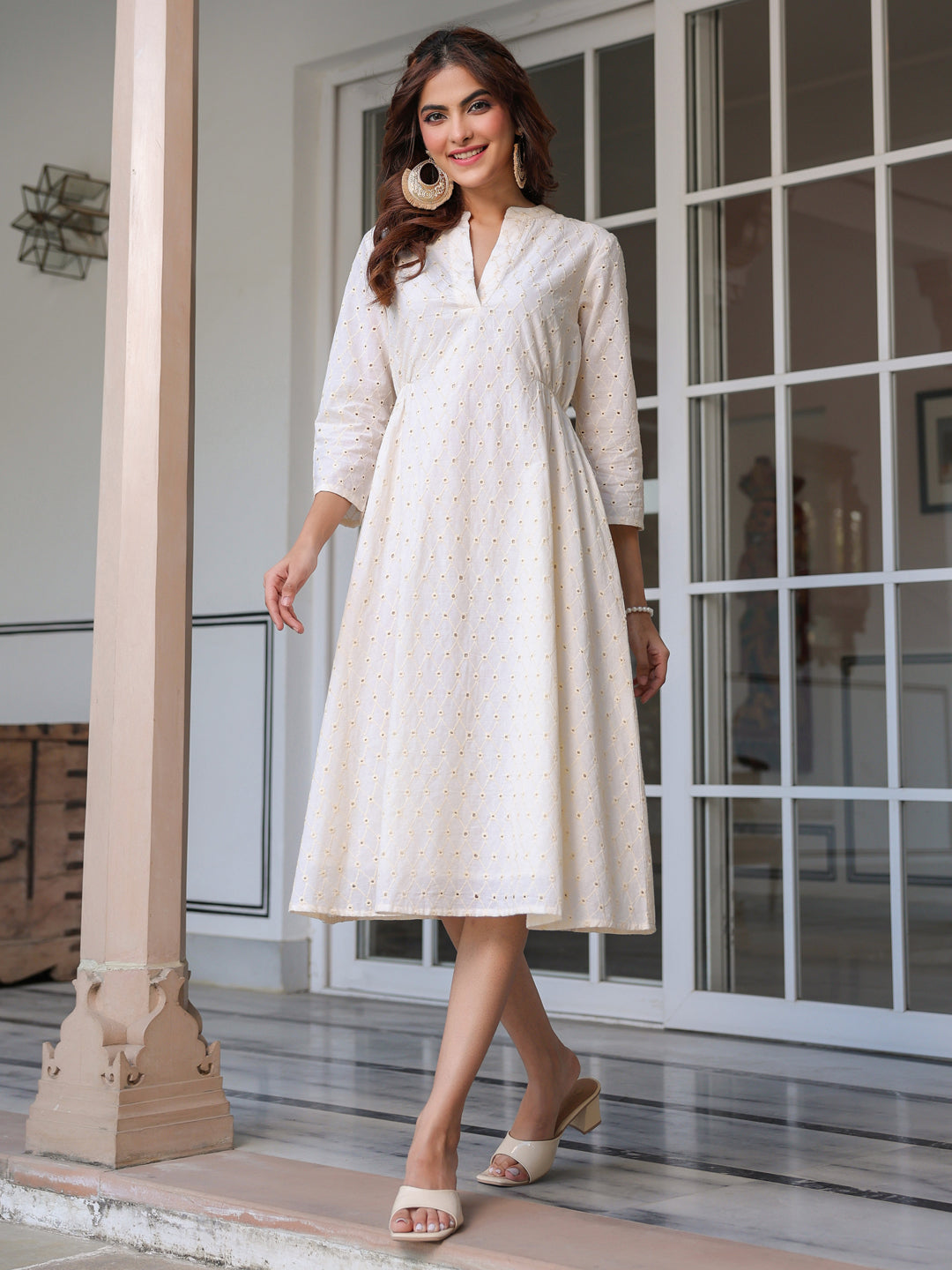 Janasya Light Cotton Schiffli A-Line Dress - Distacart