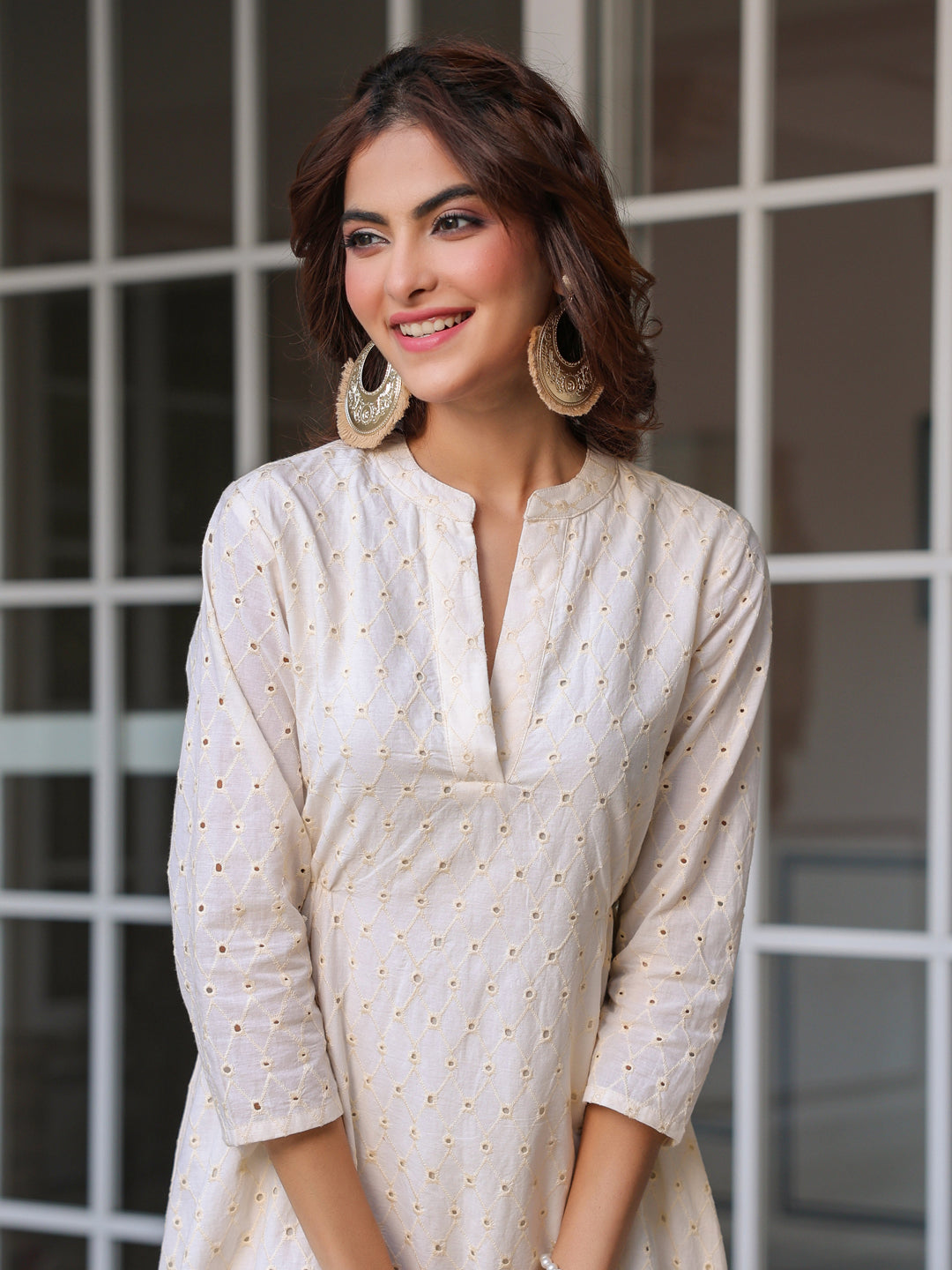 Janasya Light Cotton Schiffli A-Line Dress