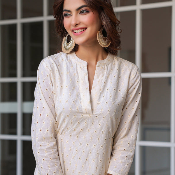 Janasya Light Cotton Schiffli A-Line Dress
