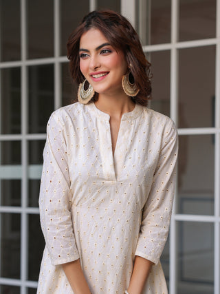 Janasya Light Cotton Schiffli A-Line Dress