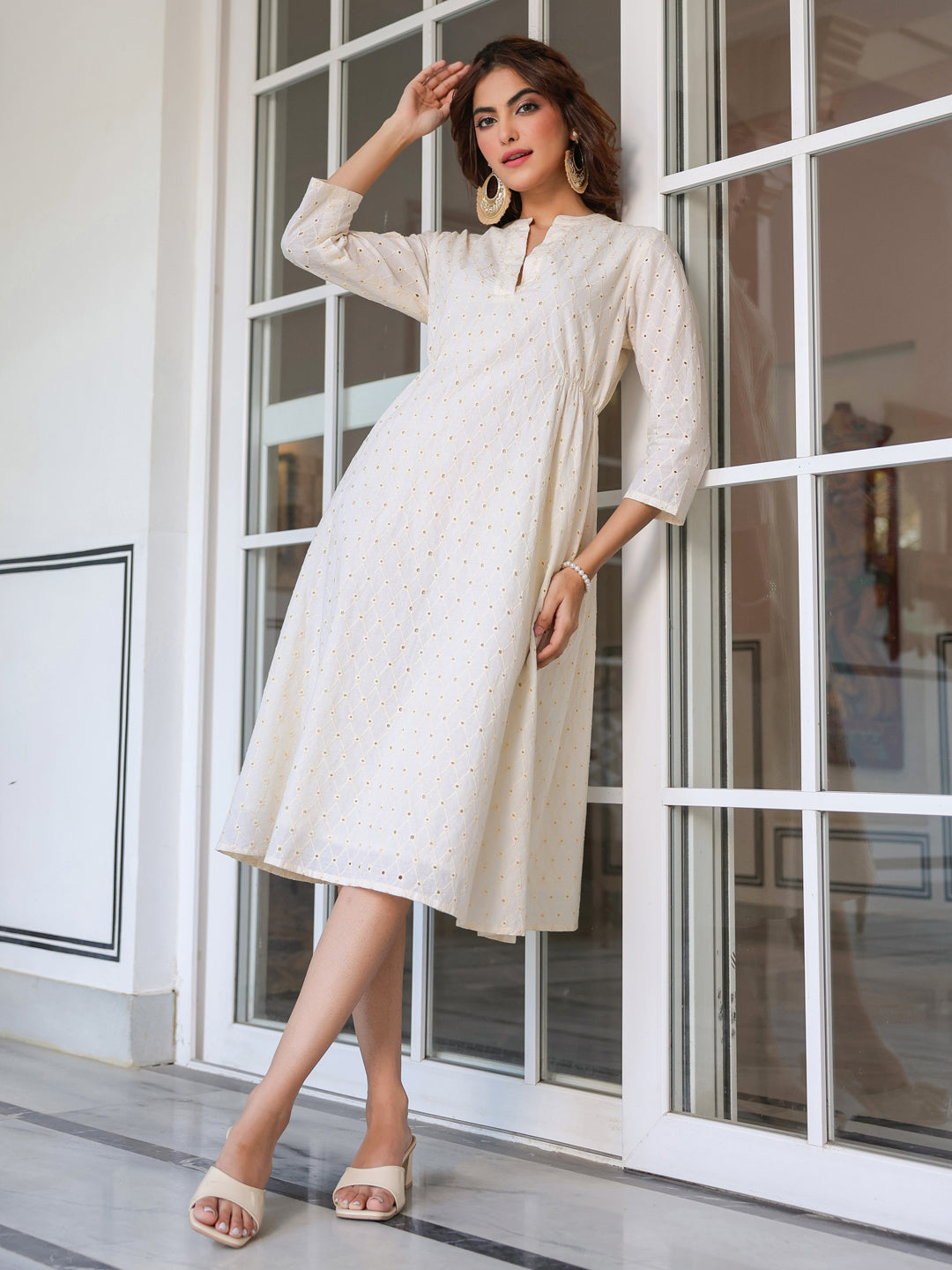Janasya Light Cotton Schiffli A-Line Dress
