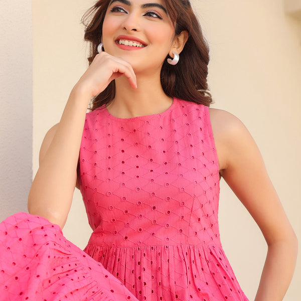 Janasya Bright Cotton Schiffli Fit & Flare Dress - Distacart