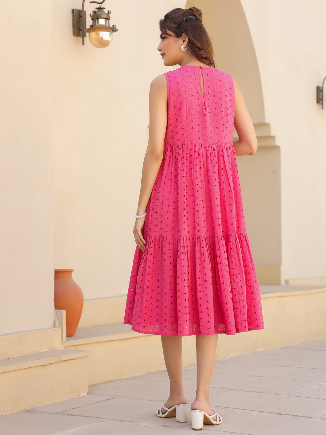 Janasya Bright Cotton Schiffli Fit & Flare Dress