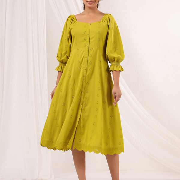 Janasya Dark Cotton Schiffli A-Line Dress