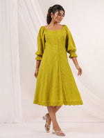 Thumbnail for Janasya Dark Cotton Schiffli A-Line Dress